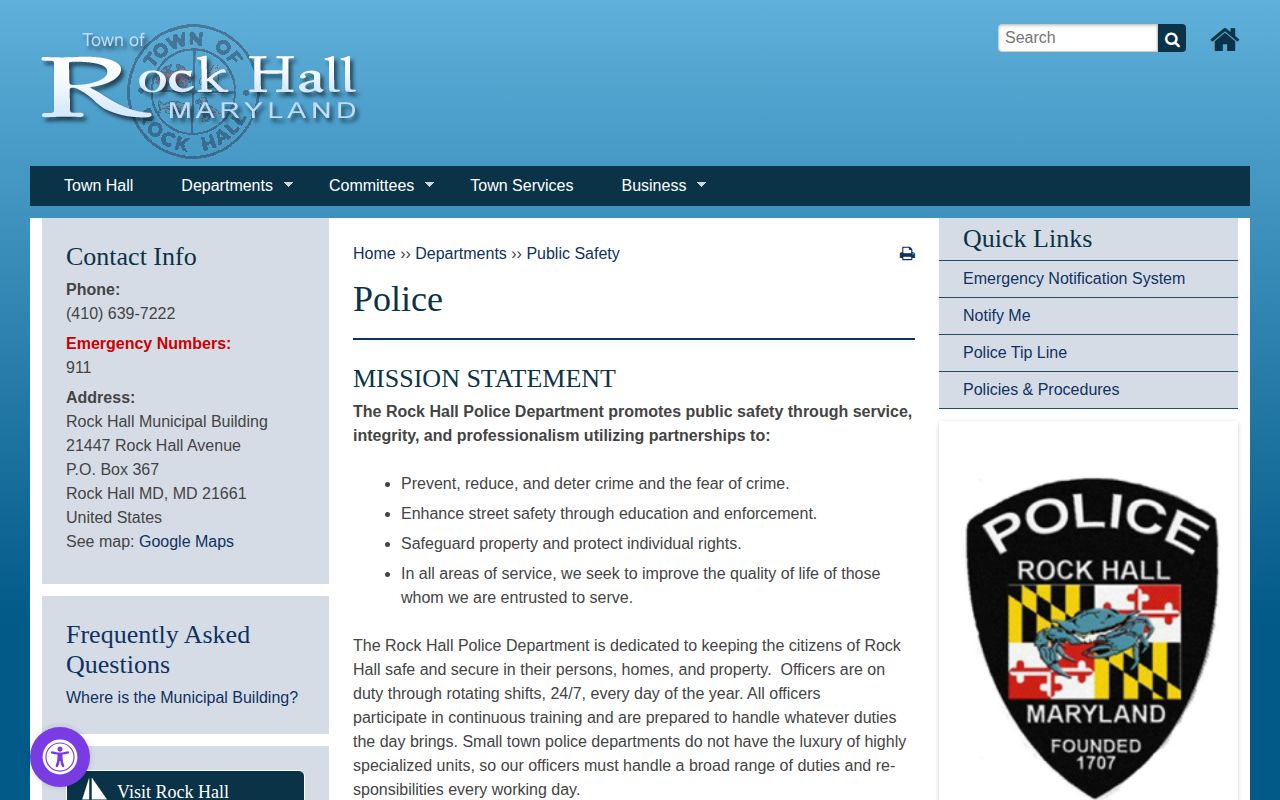 Rock Hall Police Department official source for Kent County arrest records